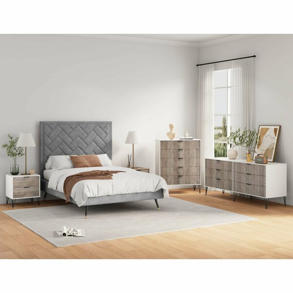 Manhattan Comfort 3-Piece DUMBO 5-Drawer Tall Dresser, 6-Drawer Double Low Dresser & Nightstand 2.0 in White and Grey 3-DB07-WG